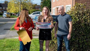 JUST WIN-DERFUL: Kate and fiancé Paul were stunned by their cheque