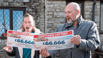 Emma and Richie were presented with two cheques for £66,666 by Danyl Johnson