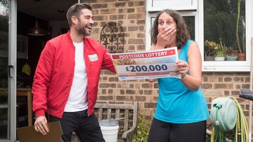 JO DOUGH: Mum's shock at size of win, with presenter Matt Johnson