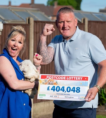 Winners Anne-Marie and Mark with lucky rabbit Ronnie