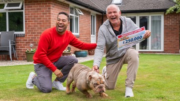 Tim, pet English Bulldog Donald and Danyl Johnson