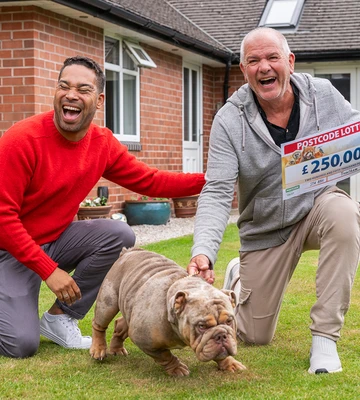Tim, pet English Bulldog Donald and Danyl Johnson